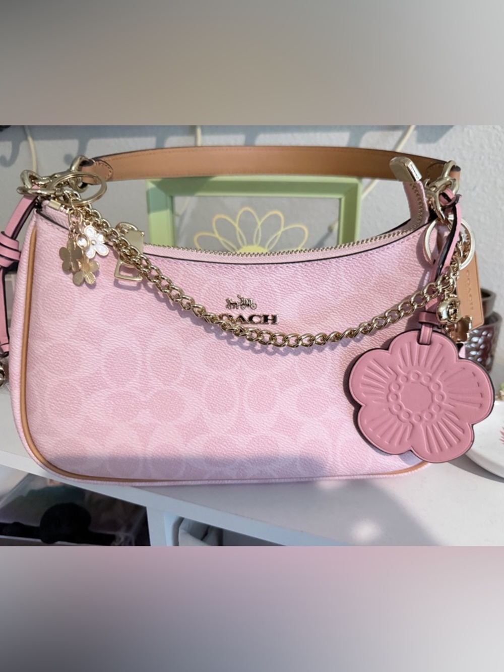 Coach Pale Pink Floral Charm Shoulder Bag with Gold Hardware